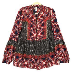 Konrad Joseph Multicolor Long Sleeve Printed Button Front Bohemian Blouse Medium